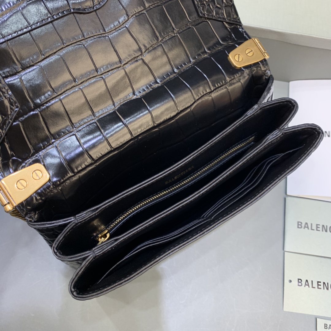 Balenciaga Triplet Small Bag With Chain Crocodile Embossed Calfskin Shouler Bag Black